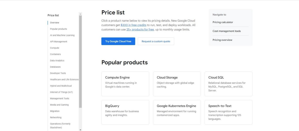 liste des prix de l'hébergement google cloud&#10 ;
